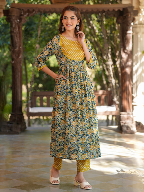 Bottle Green Pure Cotton Floral Printed A-line Kurta Pant Set